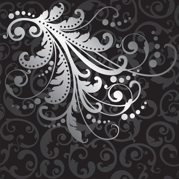 Floral silver design element on black swirls pattern - Vector, Image