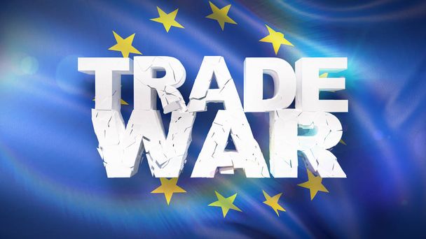 Ticaret savaş kavramı. Avrupa Birliği bayrağı kırık metni. 3D çizim. - Fotoğraf, Görsel