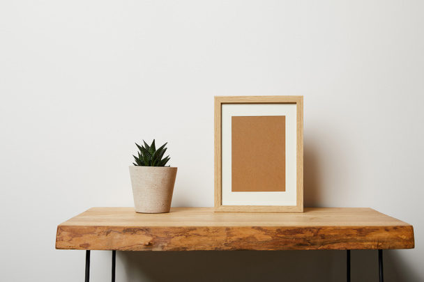 green plant near frame on wooden table at home - Photo, Image
