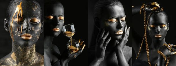 Коллаж фотографий с красивой женщиной, раскрашенной в черно-золотые цвета
 - Фото, изображение