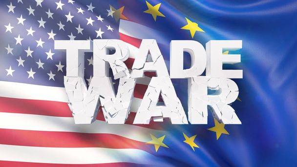 Εμπόριο πόλεμος έννοια. Ραγισμένα κείμενο στη σημαία των ΗΠΑ και της ΕΕ. 3D απεικόνιση. - Φωτογραφία, εικόνα