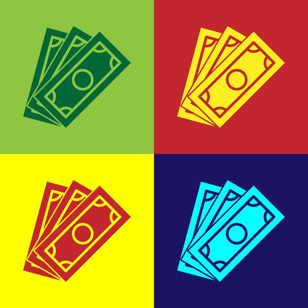Χρώμα στοίβες χαρτιού χρήματα μετρητά εικονίδιο απομονώνονται σε έγχρωμο φόντο. Χρήματα τραπεζογραμμάτια στοίβες. Bill νόμισμα. Επίπεδη σχεδίαση. Εικονογράφηση διάνυσμα - Διάνυσμα, εικόνα
