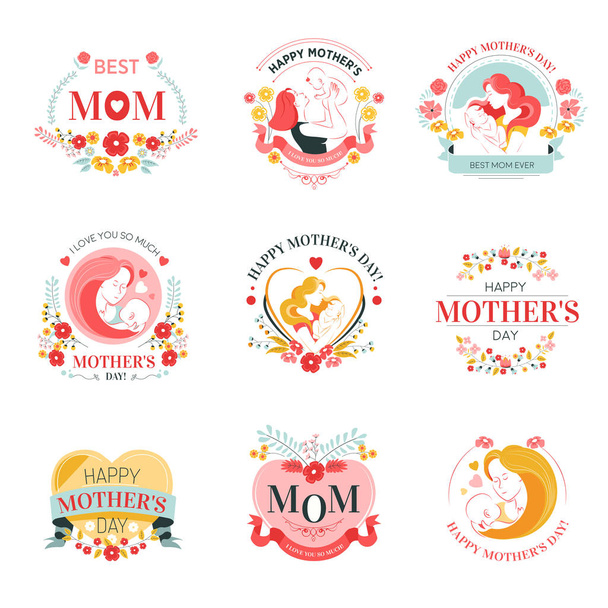 Woman and baby mothers day holiday isolated icons motherhood appreciation mom congratulation female family member greeting emblems or logo flowers and hearts festive wishes girl and newborn child. - Vektor, Bild