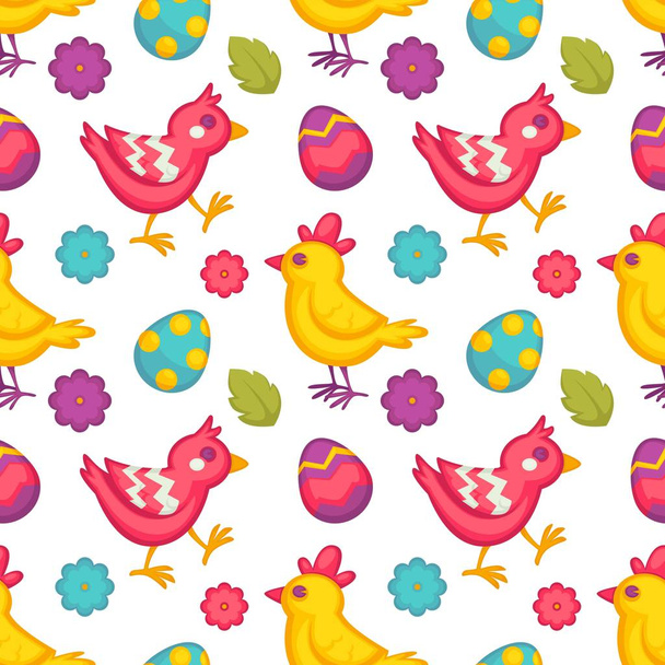 Eggs and birds chicken and flowers Easter seamless pattern vector holiday wallpaper bud or blossom and flying animal endless texture painted shell with ornament Christian religion event symbols. - Вектор, зображення