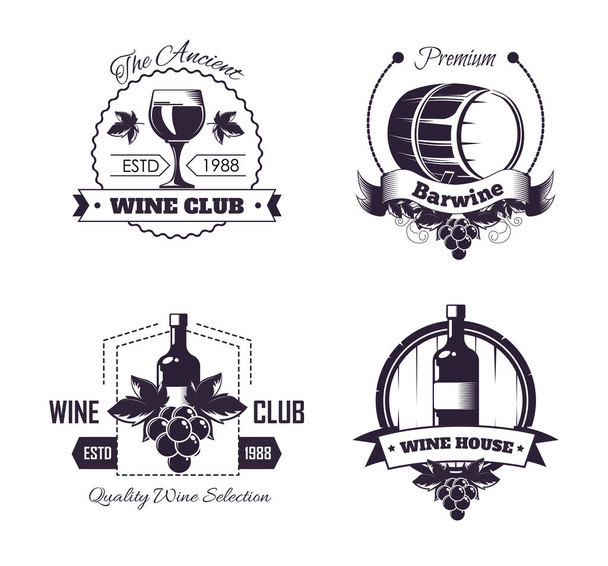 Plantillas de logotipo del club de vino o conjunto de etiquetas de la tienda de bar de vinificación. Vector aislado botella de vino y barril de madera, vidrio y sacacorchos, vendimia de la vid con cinta premium y estrellas
 - Vector, imagen