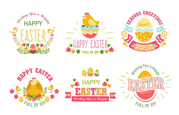 Happy Easter isolated icons set religious holiday cake and eggs chicken and bunny spring event religion and Christianity symbolic animal and bird pastry food and basket flowers and hearts logo. - Vector, Image