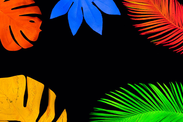 Неоновые тропические листья рисунка в ярких флуоресцентных тонах на черном фоне. Летняя красочная концепция природы
 - Фото, изображение
