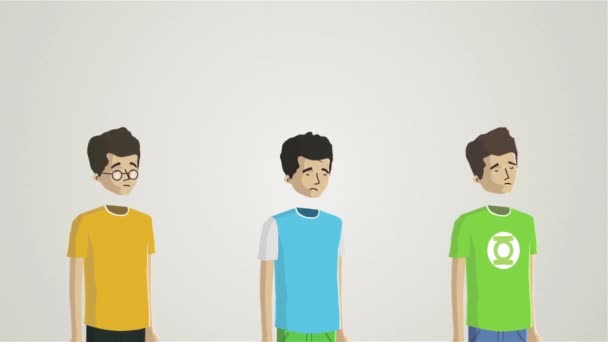 Cartoon animatie met drie jongemannen en objecten boven hun hoofden geïsoleerd op een witte achtergrond. Fly agaric, een strook van spek en een lamp boven de hoofden van drie abstracte jongens. - Video