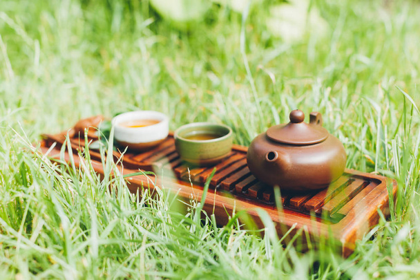 Chinese tea ceremony Asian wooden table board chaban top view copy space morning energy. - Photo, Image