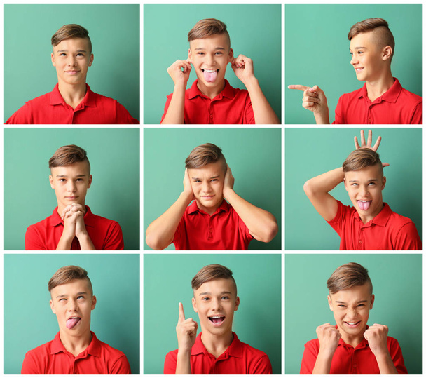 Adolescente chico con diferentes emociones en el fondo verde
 - Foto, imagen