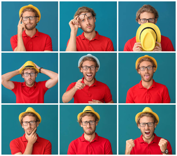 Handsome man with different emotions on color background - Photo, Image