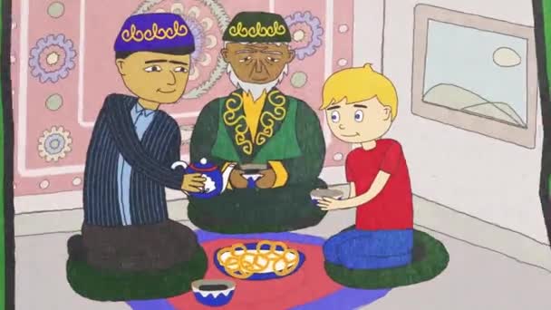 Cartoon Animace s lidmi různých národností a náboženství pití čaje, pojem tolerance. Abstraktní muži a chlapec různých ras, sedí na podlaze a pít horký nápoj. - Záběry, video