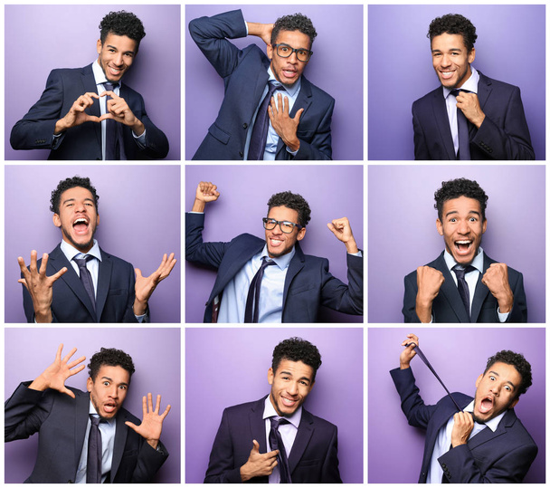 Handsome African-American businessman with different emotions on color background - Photo, Image