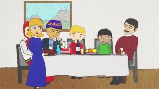 Cartoon Animace s lidmi různých národností a náboženství s večeři spolu, pojem tolerance. Abstraktní mužů, žen a dětí různých ras spolu jíst a pít. - Záběry, video