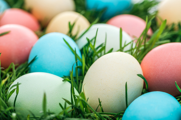 close up of traditional colorful easter eggs on green grass - Foto, Imagem