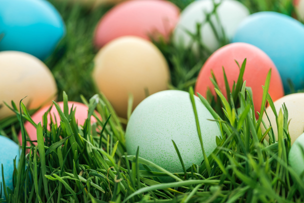 close up of pastel easter eggs on green grass - Foto, Imagen