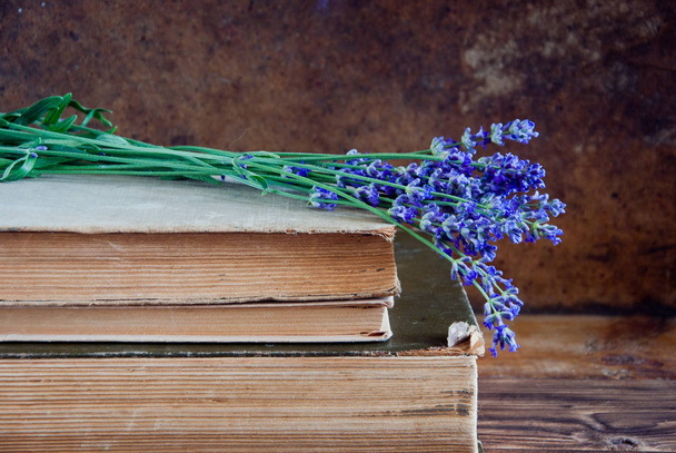 Lavendel auf einem alten Buch - Foto, Bild