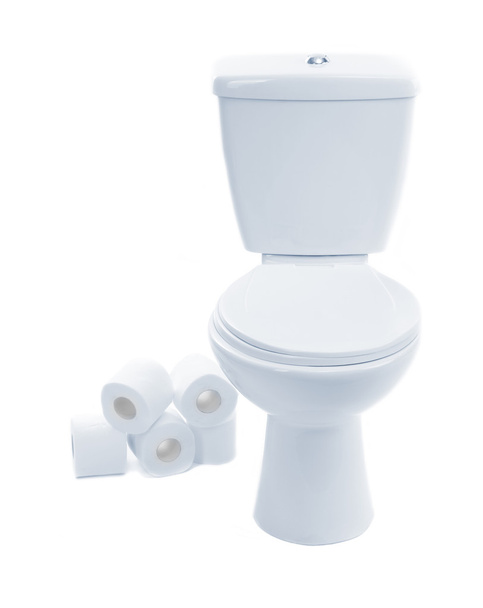 White toilet bowl with toilet paper, isolated on white - Fotografie, Obrázek