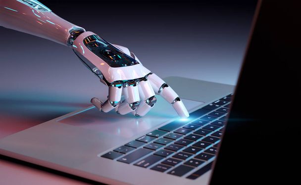 Robotic hand pressing a keyboard on a laptop 3D rendering - Foto, Bild