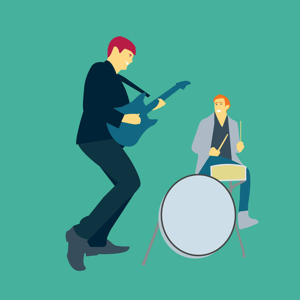 vector illustration of two men playing music with guitars and drums - Vector, Image
