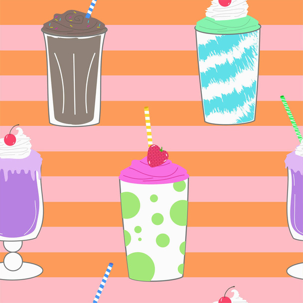 Seamless repeating vector pattern of ice cream soda pop drinks on pink and orange stripe background. - Vector, Image