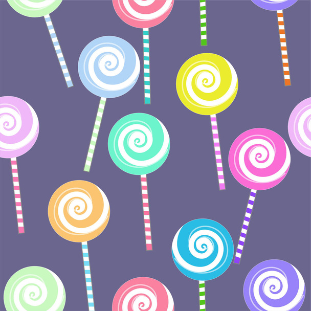 Seamless repeating vector pattern of swirly lollipops on a deep purple background. - Vector, Image