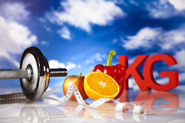 Dieta e aptidão, halteres em vitaminas
 - Foto, Imagem