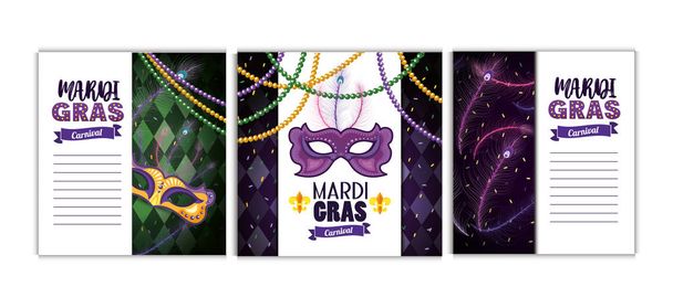 Ορισμός της κάρτας mardi gras με μάσκες και κολιέ μπάλες - Διάνυσμα, εικόνα