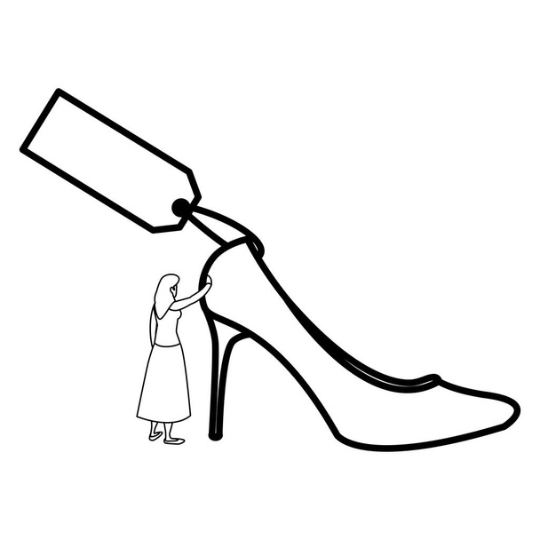 woman with heel shoe and tag commercial - Vector, Image