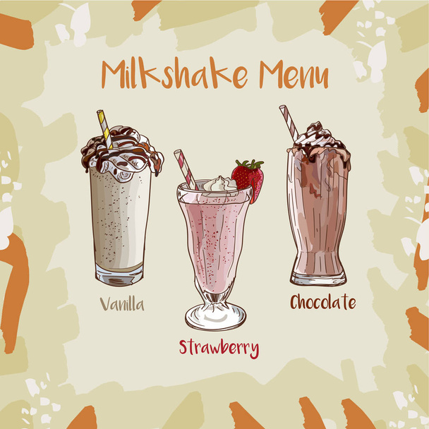 Φράουλα, Βανίλια, σοκολάτα Milkshake οριστεί συνταγή. Στοιχείο μενού για καφετέρια ή εστιατόριο με φρέσκα ποτά συλλογή γάλακτος. Φρέσκο κοκτέιλ για μια υγιή ζωή. - Διάνυσμα, εικόνα