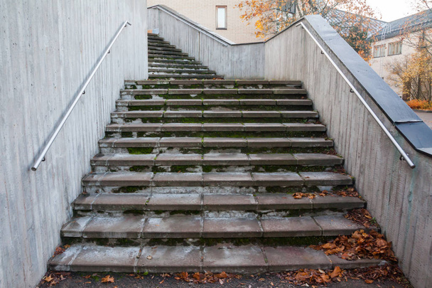 Гранітні сходи з листям і бетонною стіною в осінній день
. - Фото, зображення