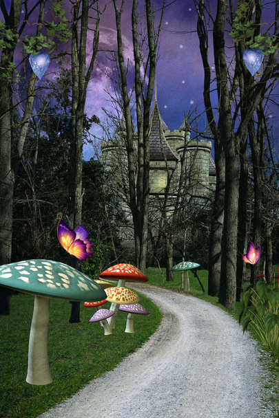 魔法の城の 3 d 図を取って森の魅惑の経路 - 写真・画像
