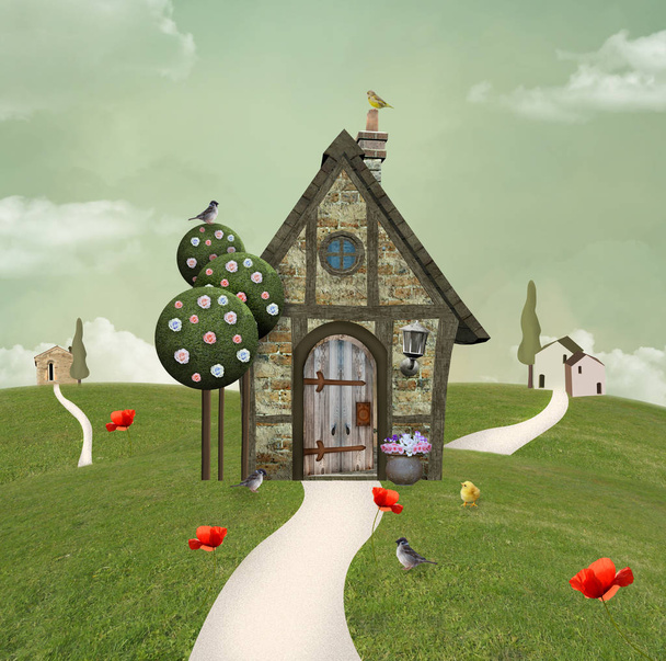 咲く花の 3 d イラストレーションにある田舎の小さな家 - 写真・画像