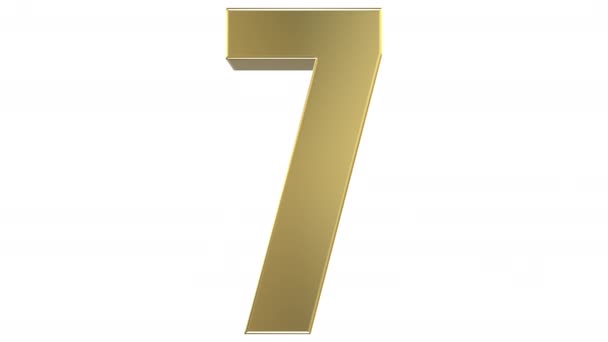「7」の数字に反射黄金金属素材で作られた「4」数字変換を示す 3 d レンダリングは、シームレスな無限ループできるように、逆変換が続きます。アルファ マットに続いて、白い背景の上. - 映像、動画