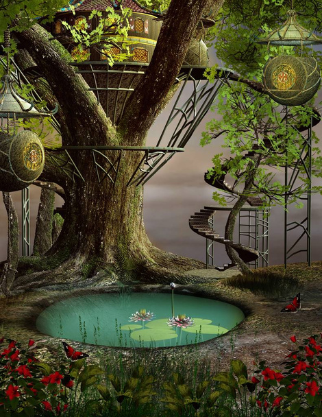 Domek na drzewie przez zielony staw ilustracja 3d - Zdjęcie, obraz