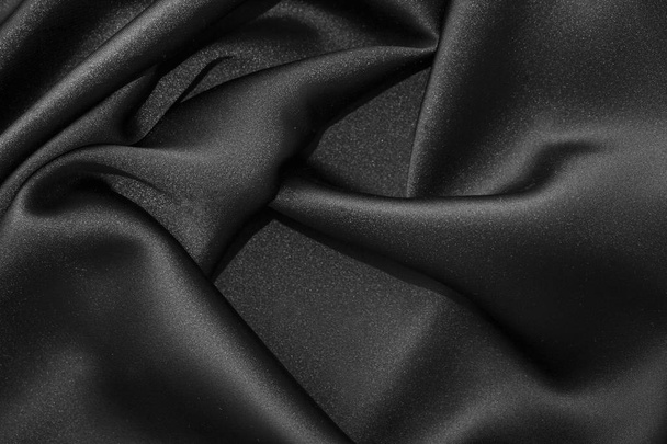 Black luxury wavy rippled glossy silk drapery cloth fabric - Foto, Imagen