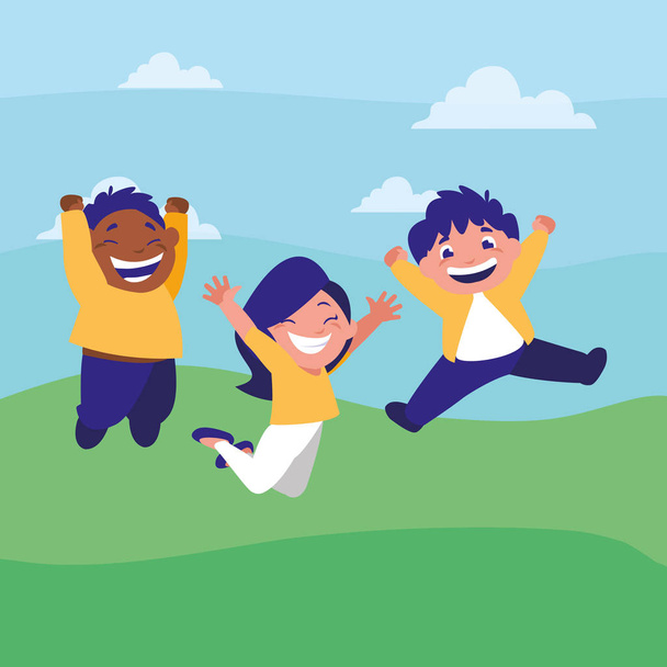 boldog gyerekek csoport a tábor interracial karakterek - Vektor, kép