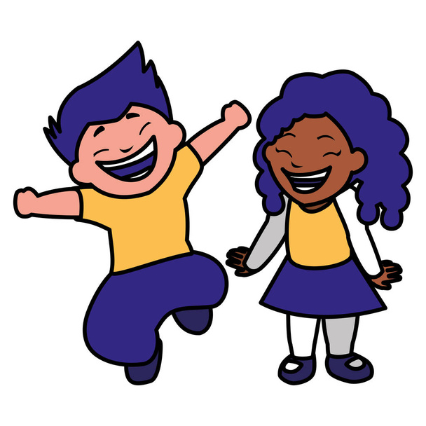boldog gyerekek pár ünneplő interracial karakterek - Vektor, kép