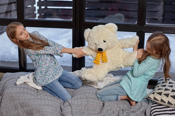 La imagen de dos monas hermanas peleando por un oso de juguete grande
 - Foto, Imagen