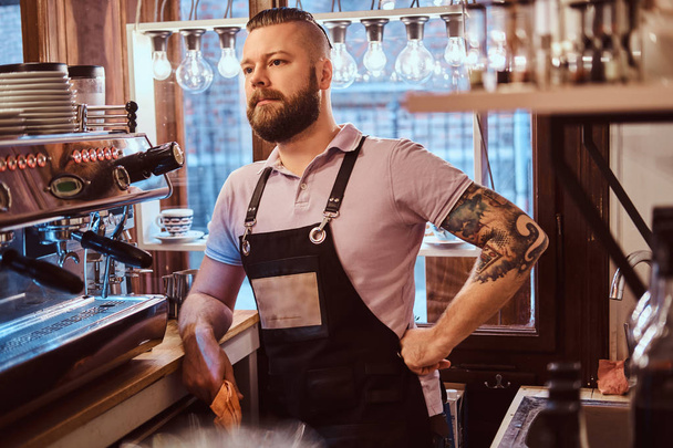 Bellissimo barista con barba elegante e acconciatura che indossa grembiule in posa per una fotocamera mentre si appoggia su un bancone nel caffè o ristorante
 - Foto, immagini