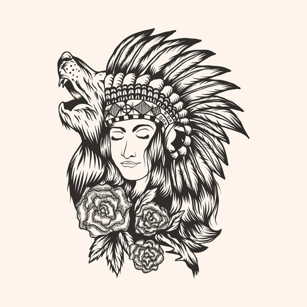 Native American mooie meisje vectorillustratie - Vector, afbeelding