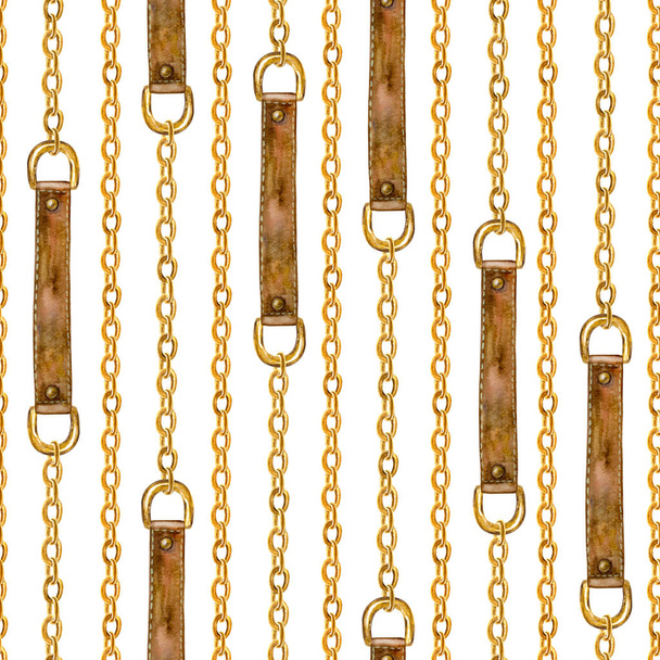 Golden chain glamour seamless pattern illustration. Watercolor texture with golden chains and leather belts. - Valokuva, kuva