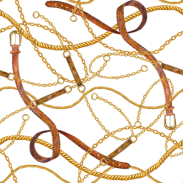 Golden chain glamour seamless pattern illustration. Watercolor texture with golden chains and leather belts. - 写真・画像