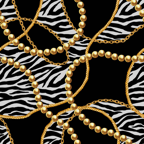 Golden chain glamour zebra seamless pattern illustration. Watercolor texture with golden chains. - Foto, Bild