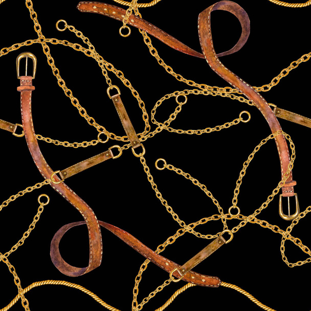 Glamour cadeia dourada ilustração padrão sem costura. Textura aquarela com correntes douradas e cintos de couro
. - Foto, Imagem