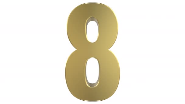 「8」数字に反射黄金金属素材で作られた「5」の数字の変換を示す 3 d のレンダリングは、シームレスな無限ループできるように、逆変換が続きます。アルファ マットに続いて、白い背景の上. - 映像、動画