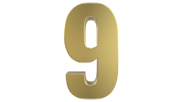 「9」の数字に反射黄金金属素材で作られた「6」という数字変換を示す 3 d レンダリングは、シームレスな無限ループできるように、逆変換が続きます。アルファ マットに続いて、白い背景の上. - 映像、動画