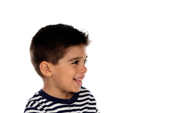 Criança pensativa com olhos negros isolados em um fundo branco
 - Foto, Imagem