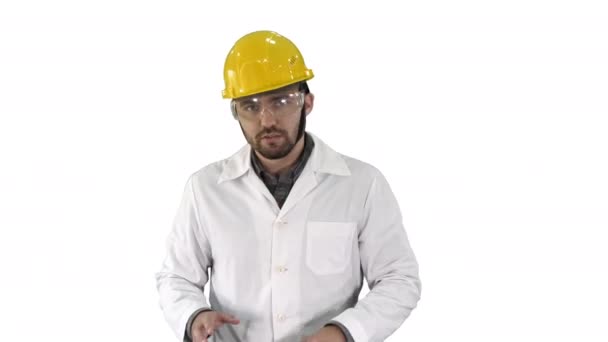 Confident Engineer Man Talking Camera on white background. - Footage, Video