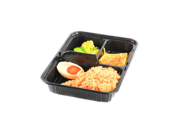 close up fried rice with egg and vegetables in lunch box set   - Photo, image